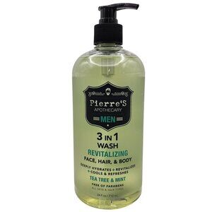 Pierres Apothecary Mens 3 in 1 Wash For Face Hair & Body Tea Tree And Mint 24oz
